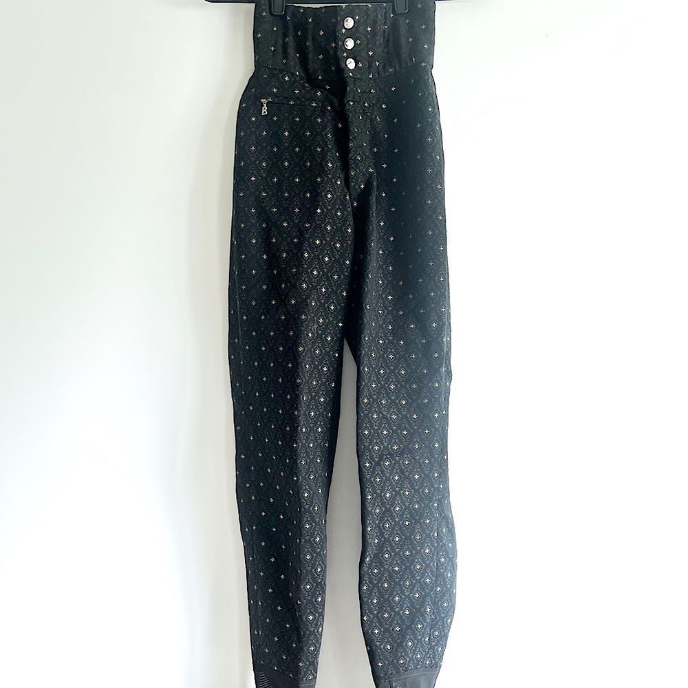 Bogner Vintage 1990s Ski Pants Black Gold high waist jacquard w/ stirrups Size 4